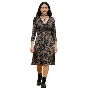 Whimsigoth Fairy Goth Lace Trim Dress Black Cream Print Size 10 London Times